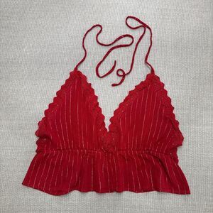 Boho Red Crochet Lace Trim Striped Halter Top Crop Tie Neck Party Wear Sz XL